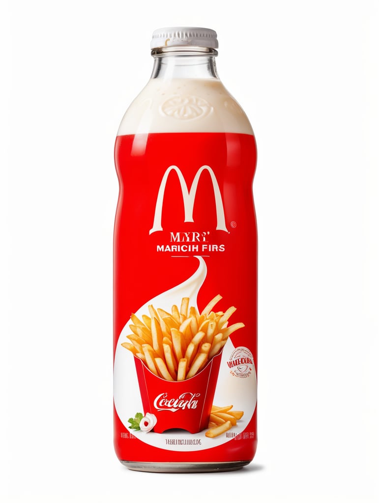 An advertisement shot of a Bottle in front of a white background. The label of the bottle shows a red "m" and french fries that are blending into a swirl of milk. A delicious beverage drink advertisement style