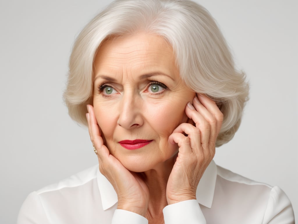 Blonde middle aged woman ponders on something keeps hand near face, white hair, white blouse, mature women, pretty old women, isolated, white background