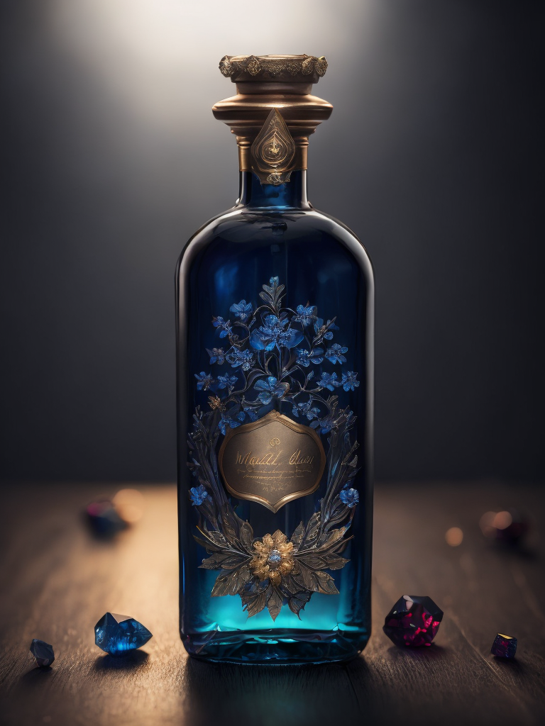 Magic elixir bottle from, carved glass, decorated with flowers and gems, fairy atmosphere, illumination, dark blue color, smoke