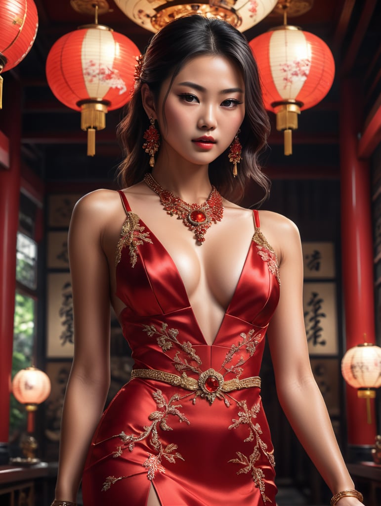 beautiful 22yo Japan model, full all body, Sexi, beautiful arms, round navel, wide angle, red dress and expensive jewelry, expensive low-cut dress, pouty lips, sharp-focus, very sharp, high-quality, color, unique, one image, realistic, award-winning photograph, Canon EOS 5D Mark IV DSLR, f 8, ISO 100, 1 250 second, natural light, professional, –ar 2:3