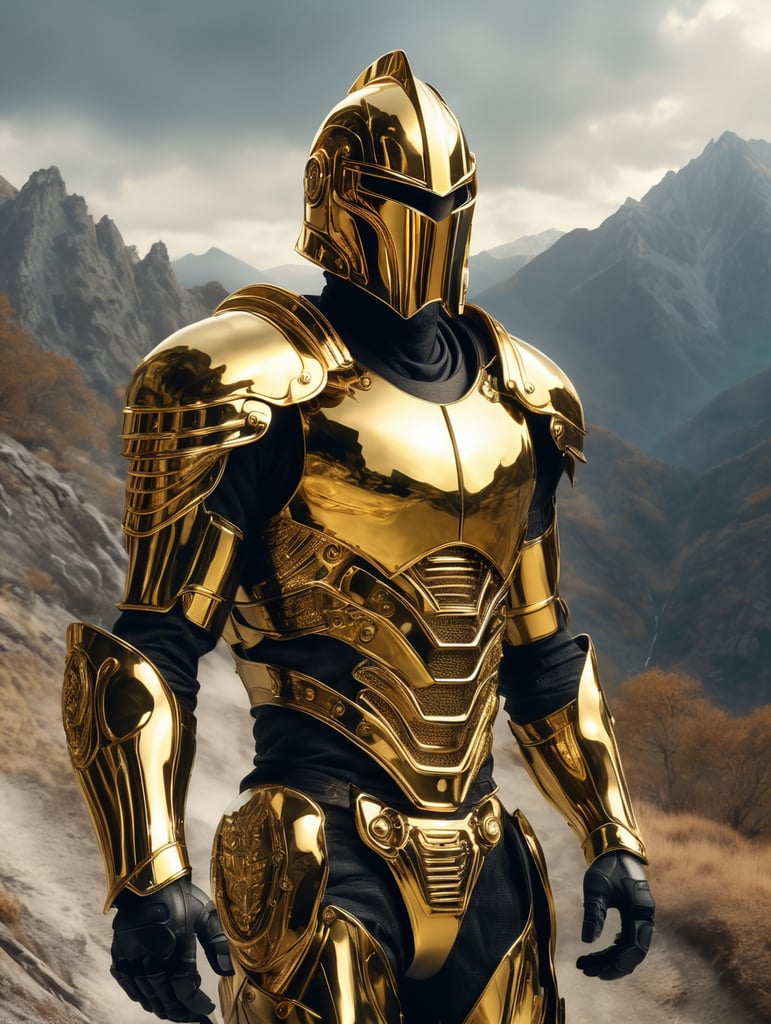 Cyber knight wearing gold chrome helmet, shining reflections, walking in the mountains, photorealistic, hyper-detailed, eerie atmosphere