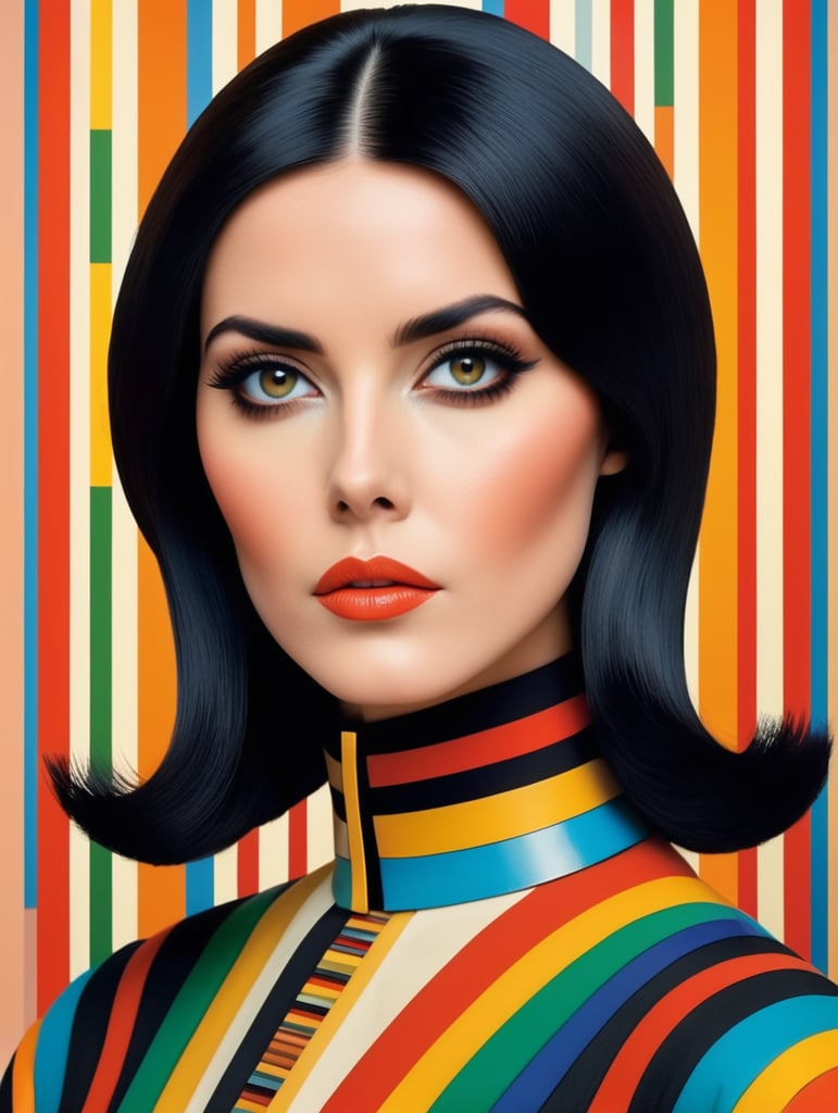 70's fashion portrait cover magazine vogue luxury vintage retro future sharp theme color wes anderson style Portrait of a woman with black hair, style of Yaacov Agam