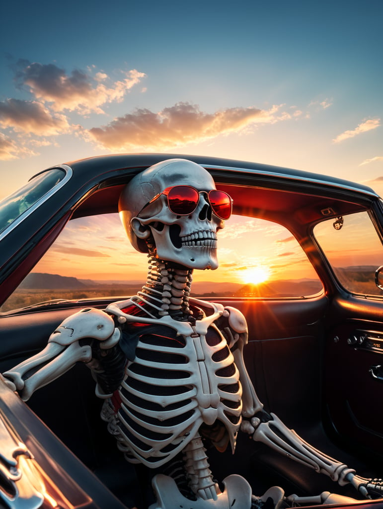 skeleton in sunglasses sitting in car in summer sunset stock photo, in the style of stylized realism, glamorous pin - ups, dark black and red, realistic color palette, sunrays shine upon it, machine aesthetics,futuristic