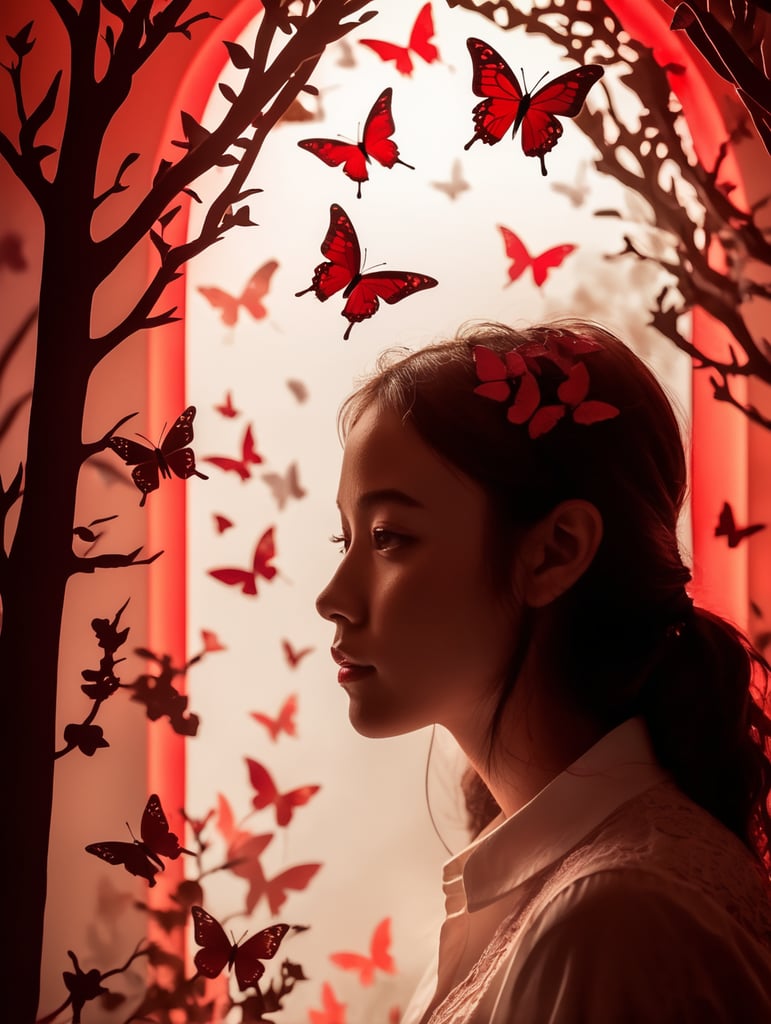 Paper cut scene, paper cut girl in the foreground, red lighting behind her, mystical atmosphere, paper cut butterflies flying around
