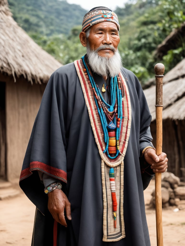 Starszy wódz wioski emanuje mądrością i doświadczeniem, stanowiąc nie tylko przywódcę, ale także przewodnika dla swojego ludu. Jego siwe włosy opadające na ramiona i broda zdobią jego twarz, wyrażając godność i szacunek. Jego oczy, głęboko osadzone w zmarszczkach, ukazują bogactwo przeżytych lat. Ubierając się w tradycyjne stroje wioski, wódz nosi płaszcz z ręcznie tkanej tkaniny, ozdobiony wzorami nawiązującymi do historii i kultury społeczności. Na szyi ma naszyjnik z kolorowymi kamieniami, które opowiadają o dziejach wioski i jej ludzi. W ręku dzierży laskę zrobioną z lokalnego drewna, będącą zarówno symbolem władzy, jak i narzędziem do prowadzenia rady wioski. Jego kroki są pewne, a mimo wieku w jego postawie widać siłę i zdolność do przewodzenia. Wódz jest nie tylko obrońcą tradycji, ale również opiekunem, gotowym podzielić się swoją mądrością z młodszym pokoleniem, by zachować spójność i jedność społeczności.