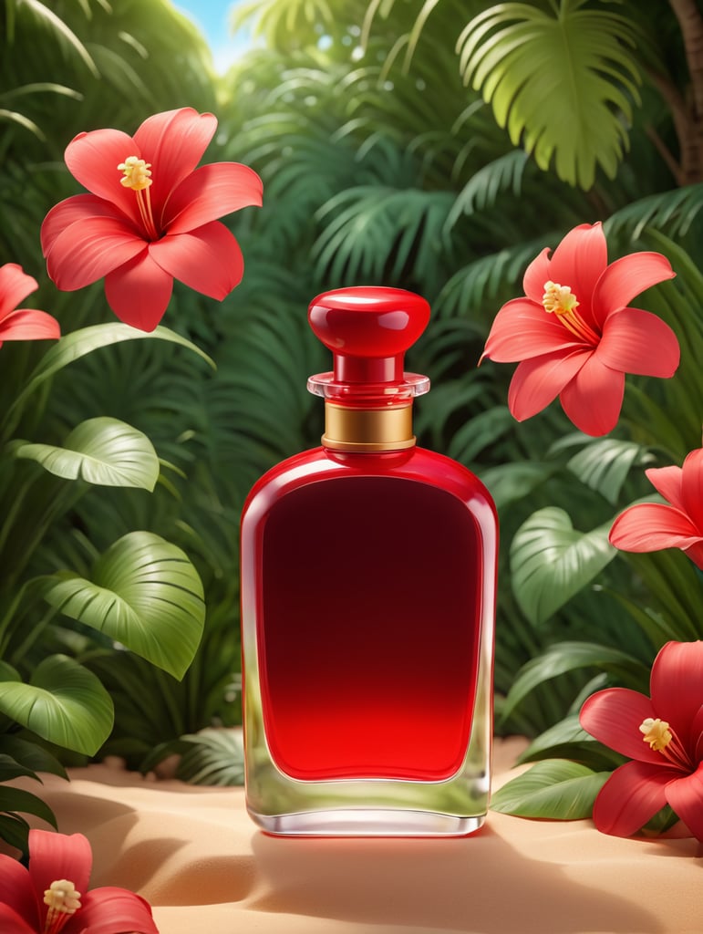 an ad shot of a plain perfume red bottle in a tropical setting with lots of flowers in a summer setting, professionally color graded, award-winning image