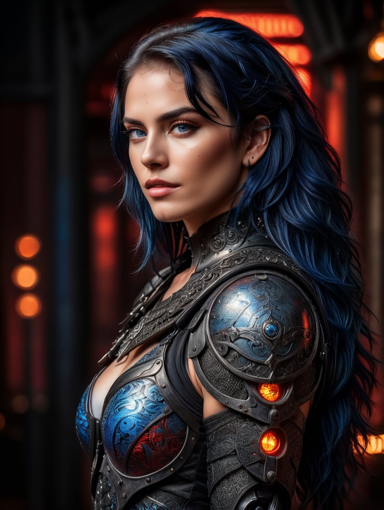 fierce warrior woman, metal armor with light fabrics, black and blue hair, blue eyes, red light textured background, tattoo