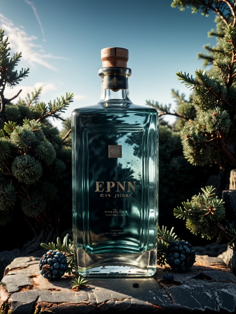 professional photography of a square gin bottle, square bottle, surrounding a juniper and juniper berries, one shot of gin in a front, no label, clear, mockup