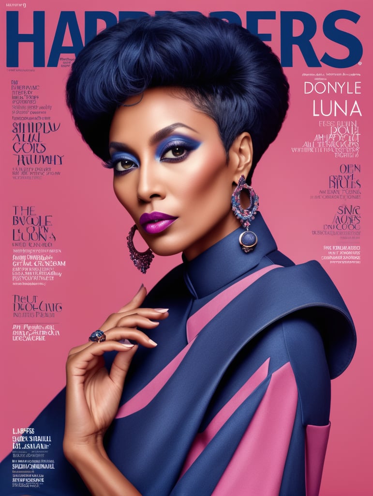 Donyale luna, avant-garde, simplygo, photoshoot spread, dressed in all indigo, pink background, harpers bizarre, cover, headshot, hyper realistic