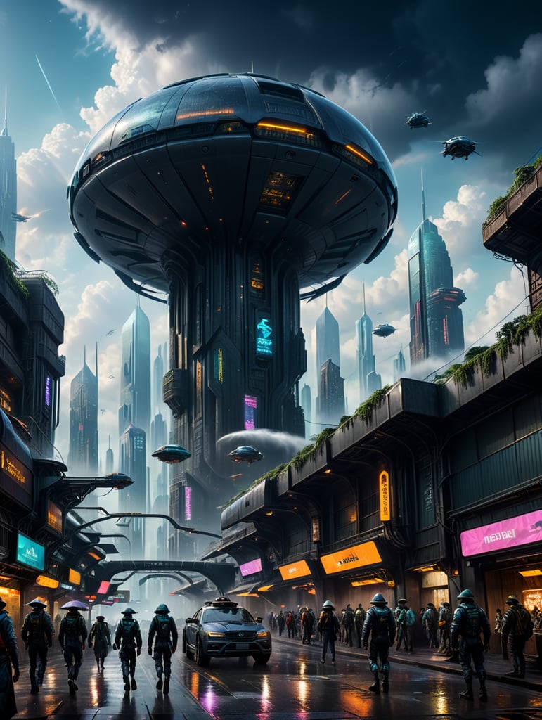 Generate a vivid and immersive exterior environment for the game 'Volvrant.' Picture a futuristic cityscape with towering skyscrapers that pierce the clouds, adorned with holographic billboards and dynamic lights. The air is filled with a blend of neon glows and subtle hums from hovering vehicles. Below, bustling streets are crowded with diverse characters, each with their unique attire and augmented reality interfaces.As the player navigates through the urban labyrinth, reveal hidden alleyways and markets filled with exotic goods. The architecture seamlessly blends sleek modern design with remnants of an ancient civilization, creating a juxtaposition of the old and the new. The sky above is a canvas of advanced transportation systems, featuring sleek aircraft and mesmerizing floating platforms.Weather effects add an extra layer of sporadic rain showers create shimmering reflections on the gleaming surfaces, while occasional gusts of wind sway the futuristic vegetation and cause holographic displays