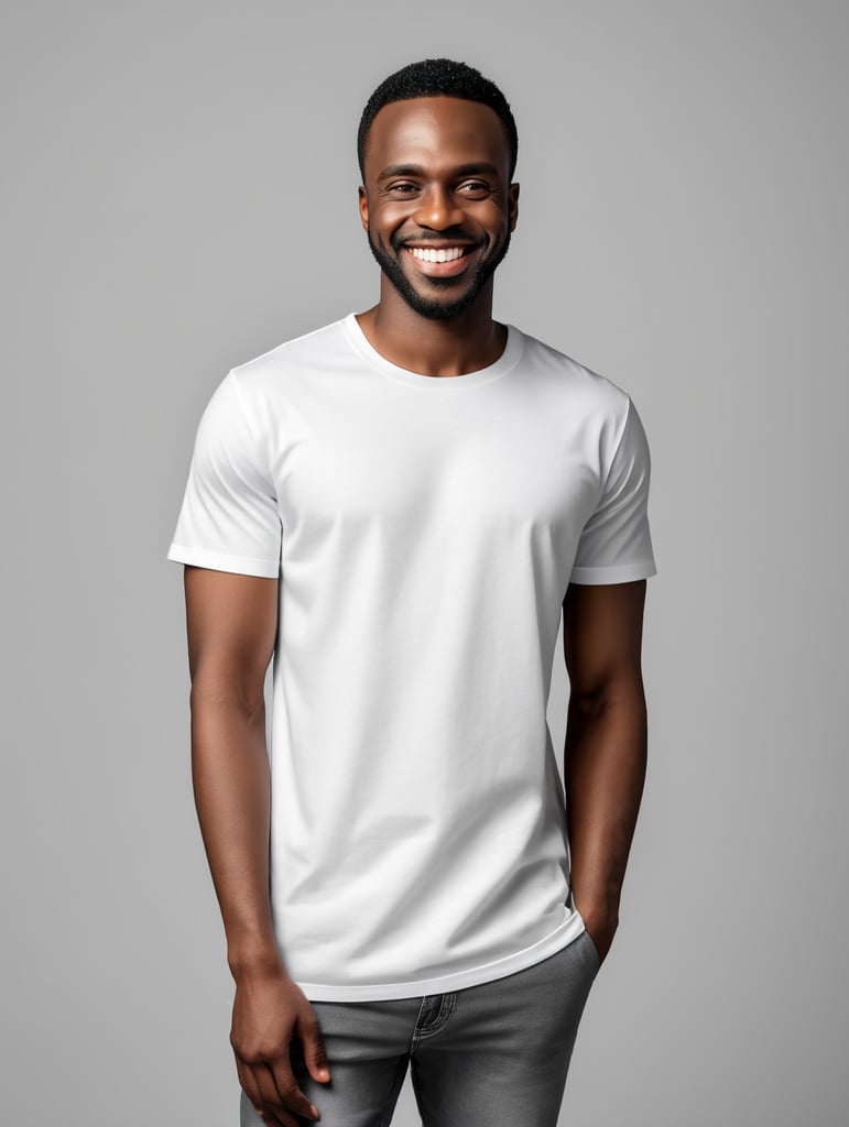 a black African man wearing white t-shirts, standing in front of black background, blank shirt no print, smiling, photo for apparel mock-up