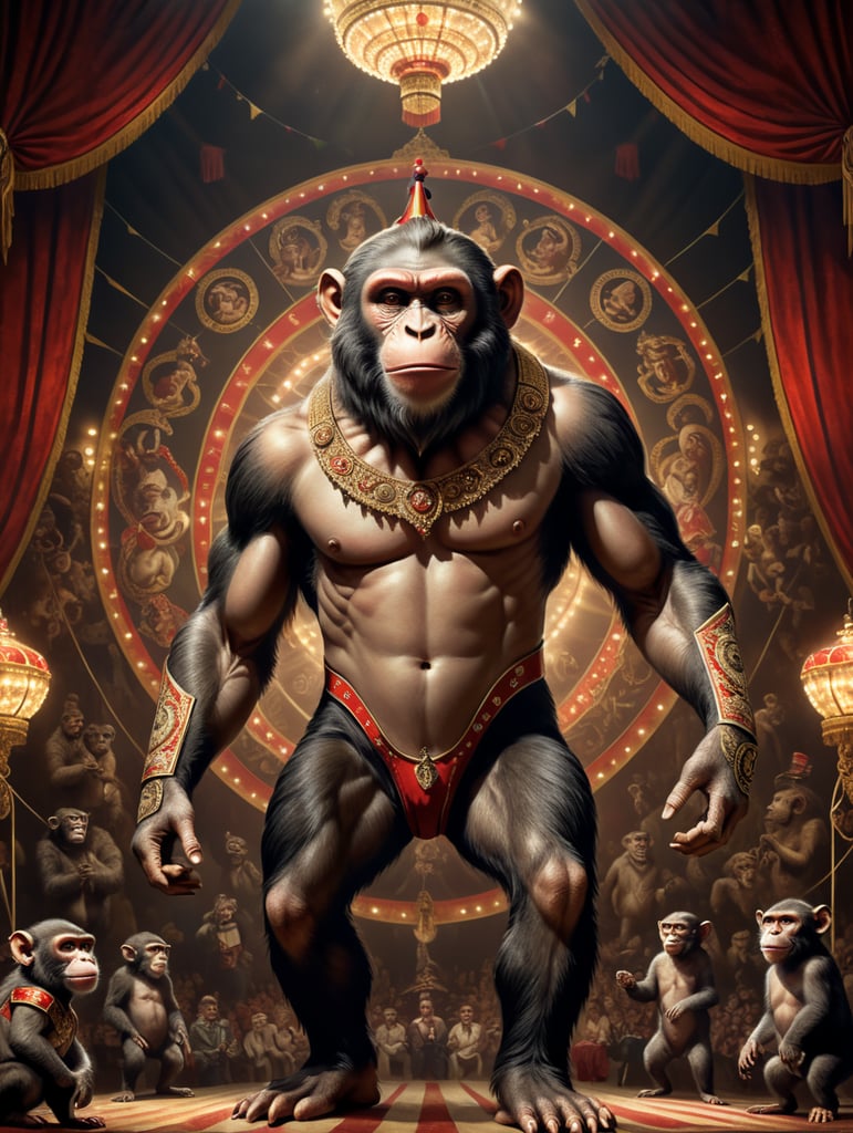 Vintage style circus sideshow poster of a full body anthropomorphic monkey