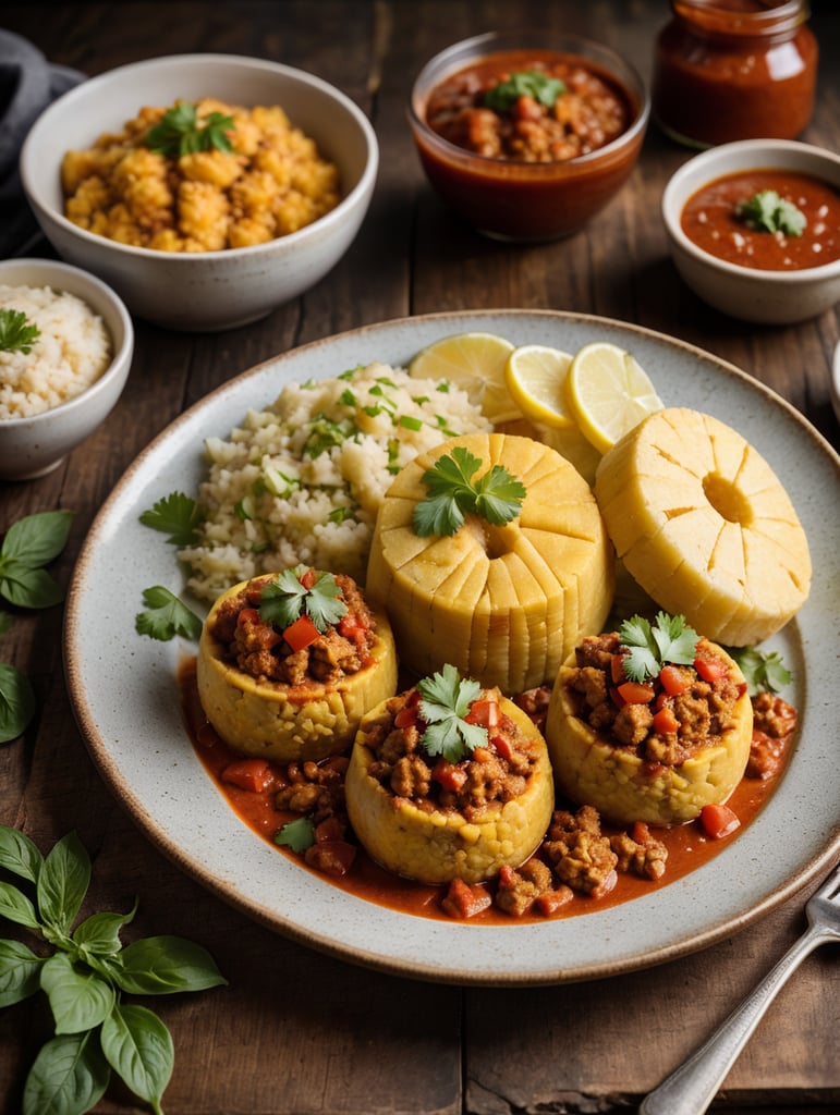 3 small stuffed mashed plantain with (((Ground chicken with sauce))), the recipe is made in a country house, with a view of the mountains of puerto rico, the 3 small stuffed mashed plantain include ground chicken, diced tomatoes, lettuce cut into strips, on a wooden plate, the table that is made of dark wood, the table is served, in the background you can see people, small jars with red sauces, sharing, taken with a close up lens, 50mm, nikon 35mm (((Ground chicken with sauce))) 3 small stuffed mashed plantain