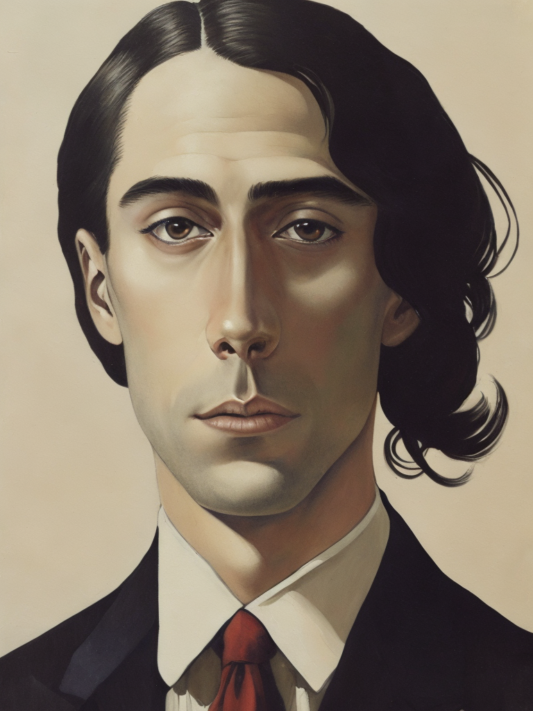 Illustration of a man with long dark hair in a suit with a bow tie, painting, oil, tempera, water color, collage, style of Hannah Höch