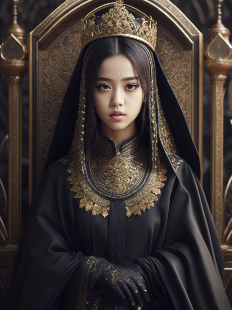 jisoo blackpink with arabic fashion black cloak and gold crown in the Renaissance ottoman throne kingdom photo realistic illustration fashion islamic fashion fantasy hyperdetailed