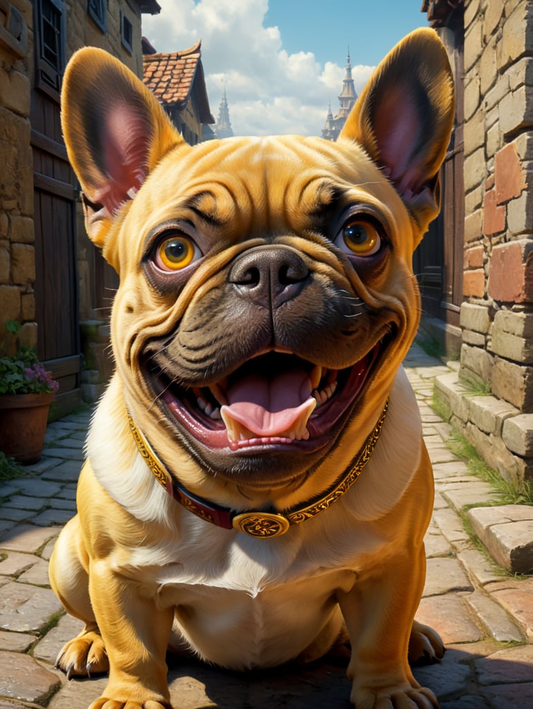 A Disney Pixar-inspired movie poster with title "Theodora". In the image a yellow french bulldog with a black ears and nose beside, with brown eyes and a smiling face. The scene should be in the distinct digital art style of Pixar, with a focus on character expressions, vibrant colors, and detailed textures that are characteristic of th animations, with the title "Bigornas"