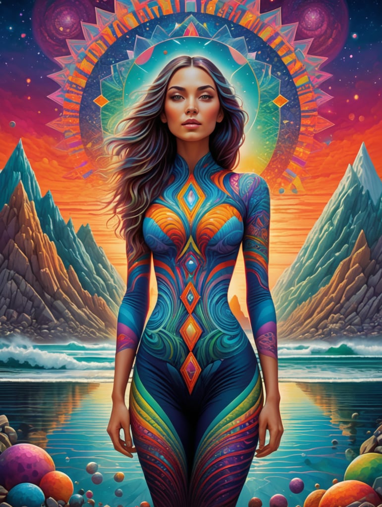 psychedelic dreamscape, a surreal and trippy artwork of a woman standing on a shore, surrounded by geometric shapes and vibrant colors. the art style is reminiscent of dan mumford and alex grey's cosmic lsd poster art.