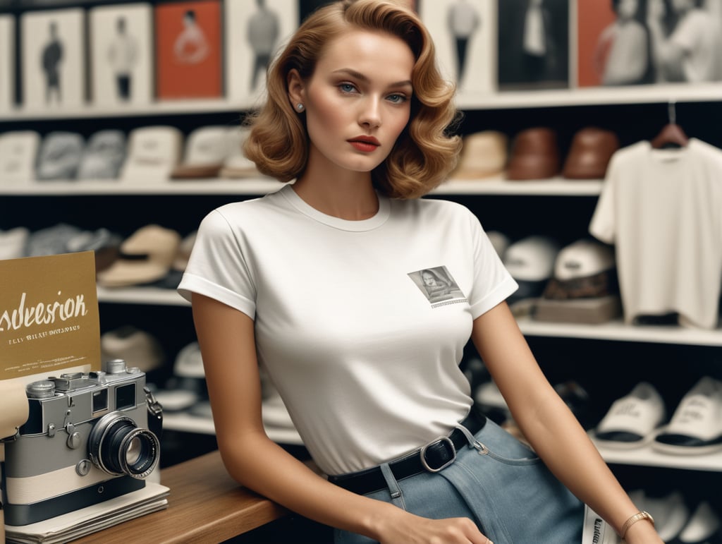 Extremely detailed photographic image, grained image, beautifully composed, monochrome image, 50's fashionable image, fashionable magazine photography, leica summicron 35mm f2.0, kodak 400tx, fashion photography, fashionable model, william s. burroughs, Woman wearing blank white T-Shirt in Clothing Store Mockup, mock up