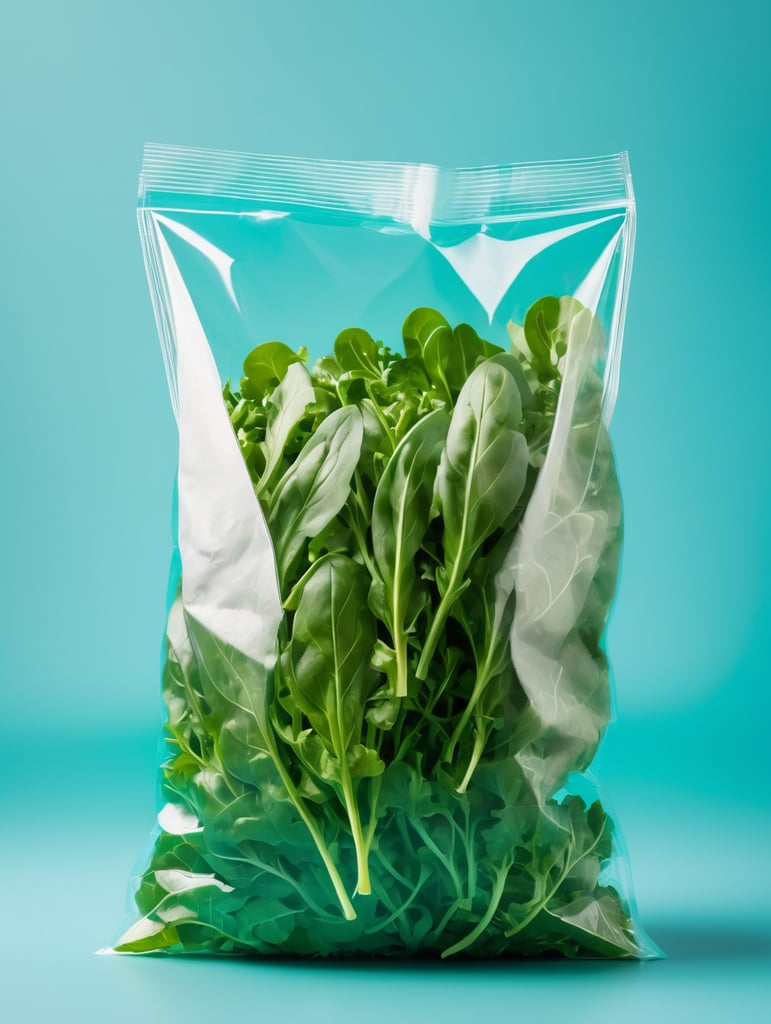 blank Transparent Plastic bag with Arugula Salad, isolated, cyan background, Mockup, mock up