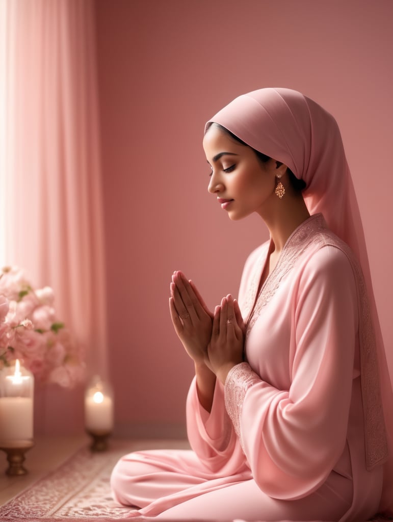 A Muslim lady in a room coloured with pink praying with her body covered