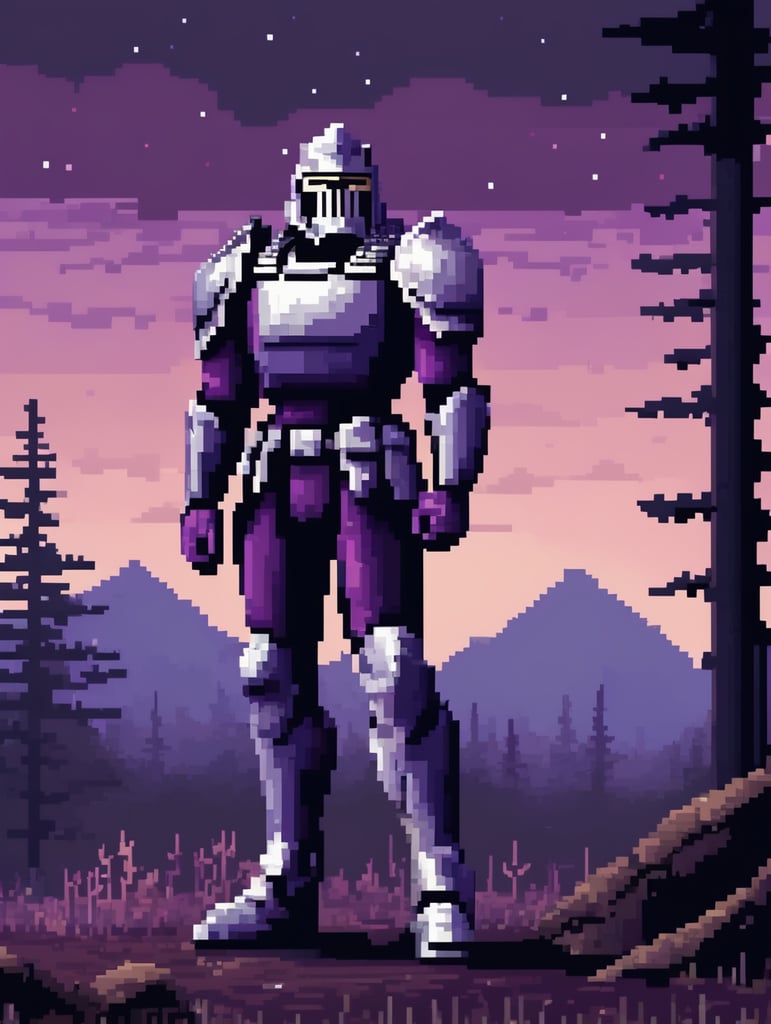 8-bit Pixel art, square bog pixels, flat colors, sad soldier with silver armor, purple sky with dark forest background