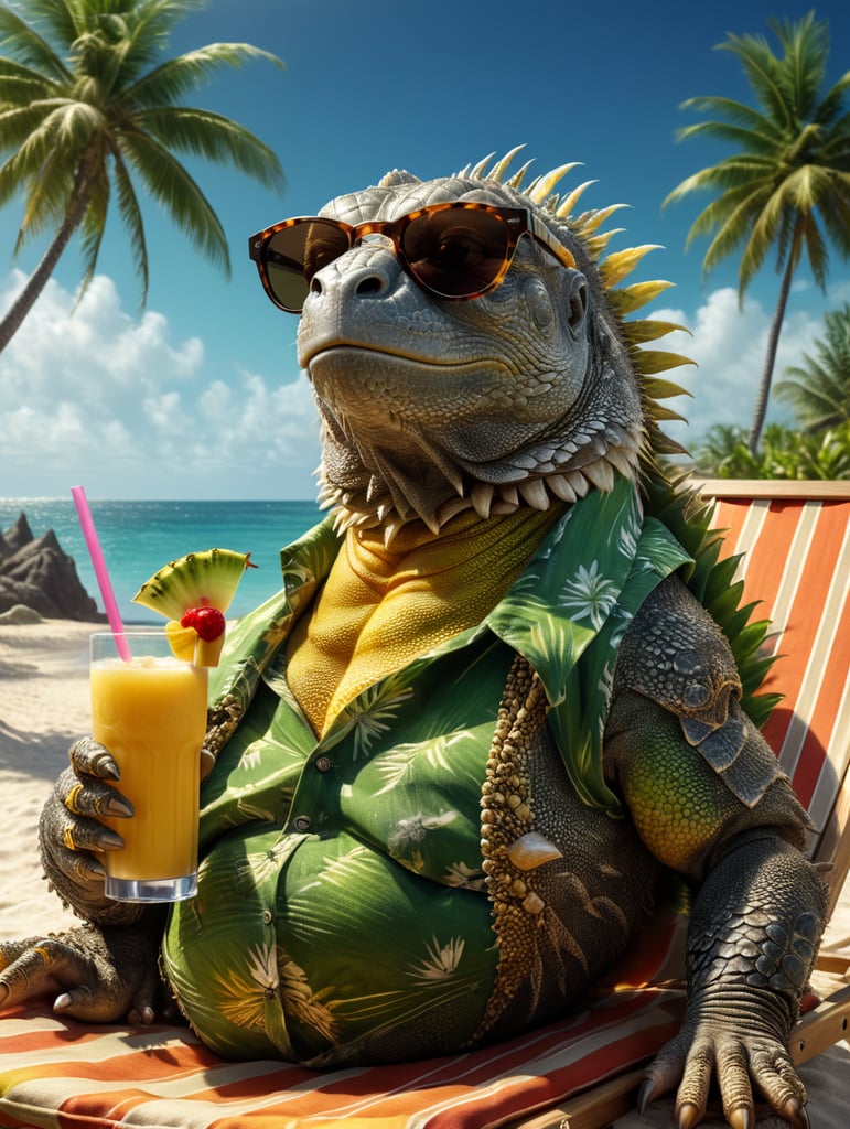 fat iguana laying on a sun bed on a caribbean beach with palm trees, wearing sunglasses and a hawaiian shirt, holding a pina colada