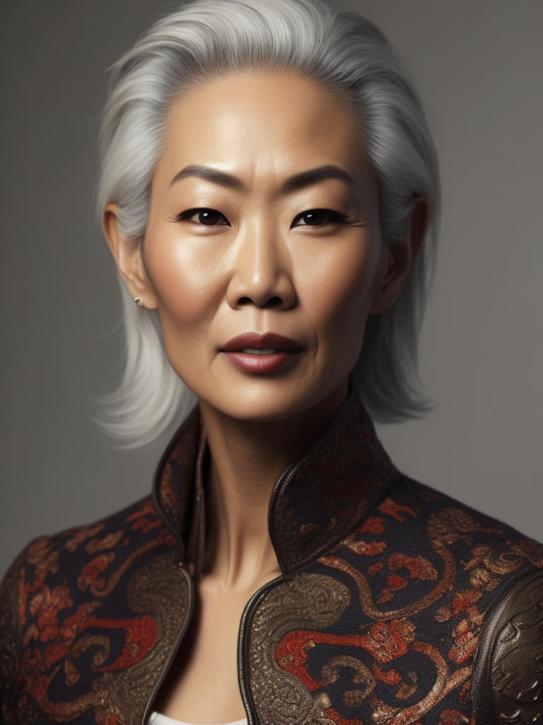 A 40yr old Chinese supermodel with classic natural Chanel make-up and beautifully styled hair, beautiful pores and skin texture, wearing plain neutral colour top with open neckline, detailed high resolution image, grey hair, natural Clinique style image, soft lighting, gentle expression, she is content with her age