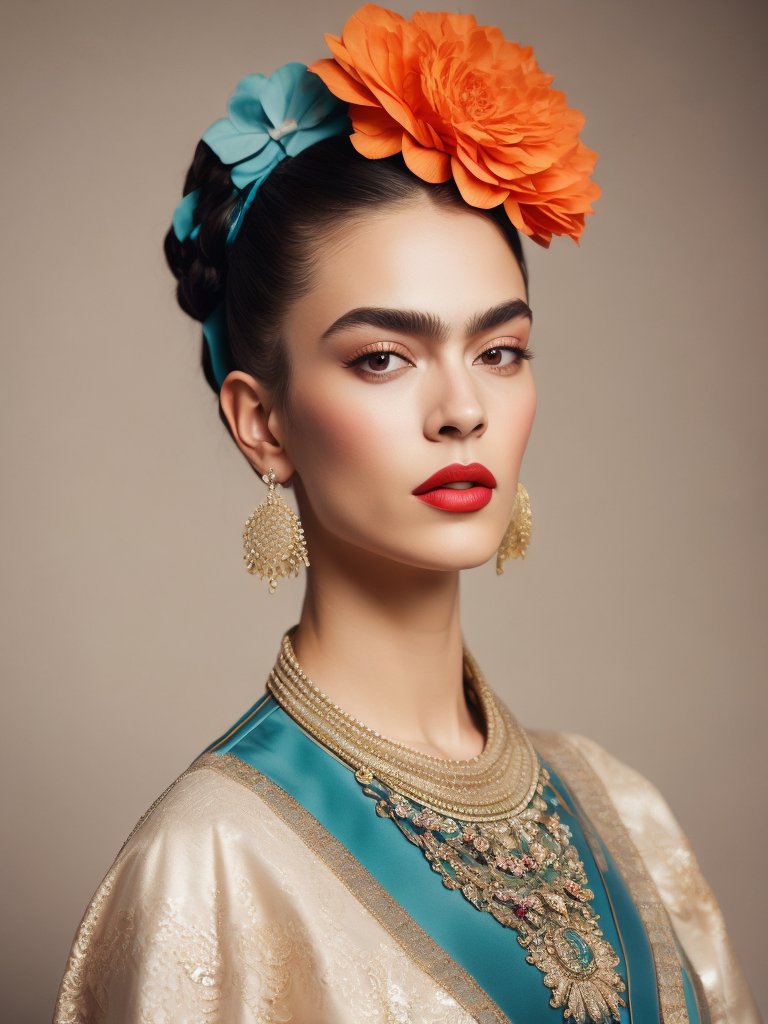 Portrait of Frida kahlo, bright and saturated colors, elegant, highly detailed, vogue, fashion magazine, sharp focus, Bright expressive makeup, Dramatic Lighting, Depth of field, Incredibly high detailed, blurred background