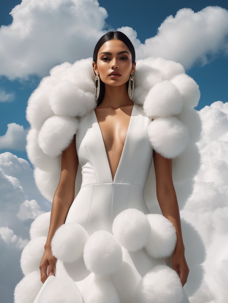 Minimalist haute couture portrait hispanic model close-up hirsute fashions yogic junction vogue abstract editorial album cover shot floating in fluffy clouds