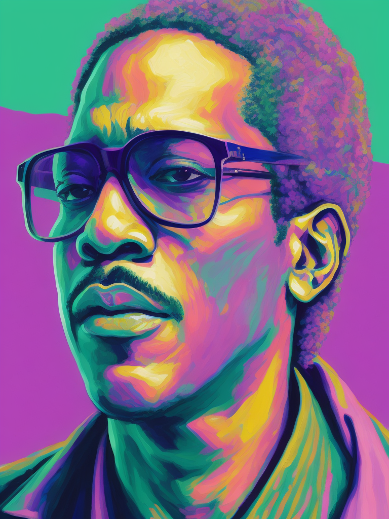 Portrait of Stevie Wonder, incredibly high detail, oil painting, saturated colors, dramatic lighting,