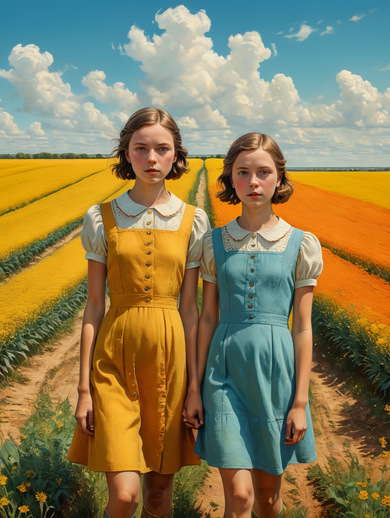 Vintage portrait of two girls wearing a simple dress in a yellow field, clear blue sky, complementary colors, Wes Anderson style, Incredibly high detail, Muted colors, turquoise color, orange color, red color