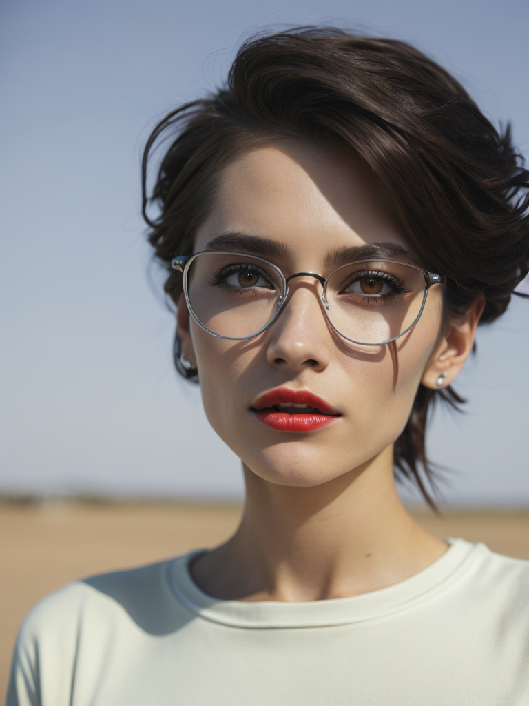 Girl in her thirtieth. She has brown eyes and hair, black glasses and a red lipstick. She in in white longsleeve.