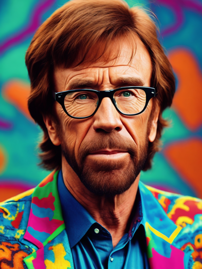 Chuck Norris wearing a brightly patterned jacket and wayfarer glasses, Vivid saturated colors, Contrast color