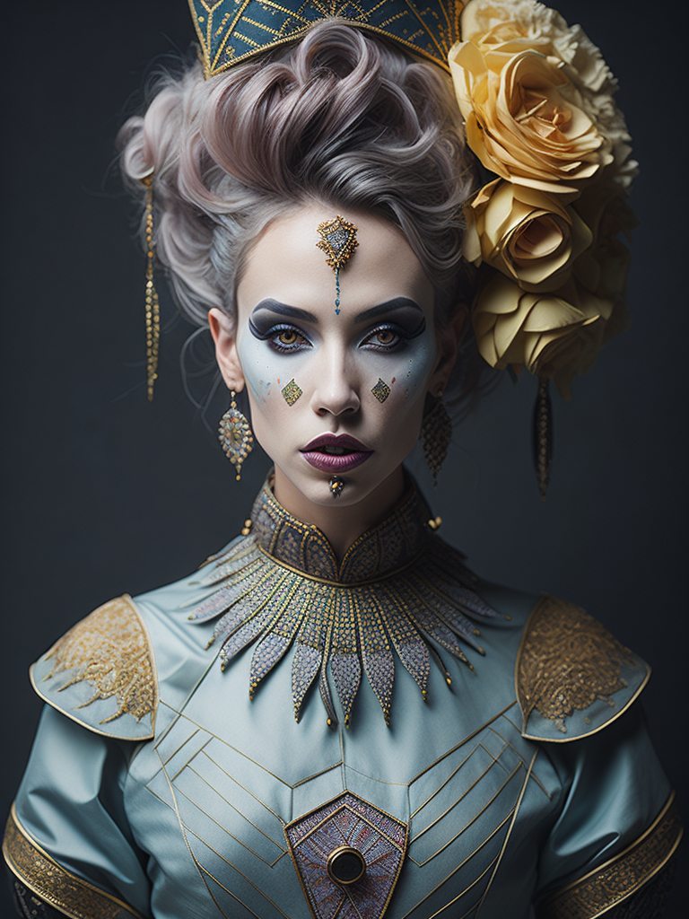 Epic portrait of tvenetian harlequin female clown in pastels and gold intricate embellishments and geometric patterns and designs, high definition, photography, cinematic, detailed character portrait, detailed and intricate environment, strong breeze, nevus under left eye, detailed and intricate environment