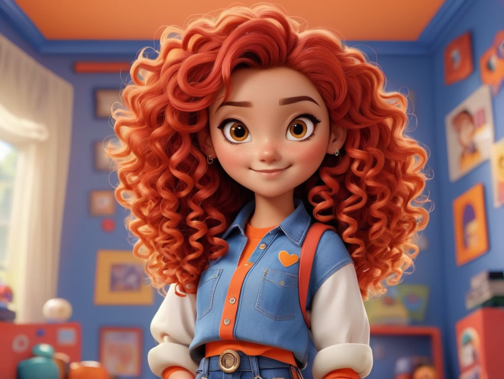 pixar image of a 22-years-old girl oval face with mix red and white color curly hair tying with band , wearing orange shirt and a blue jeans , doing graphic designing in a beautiful and colorful room