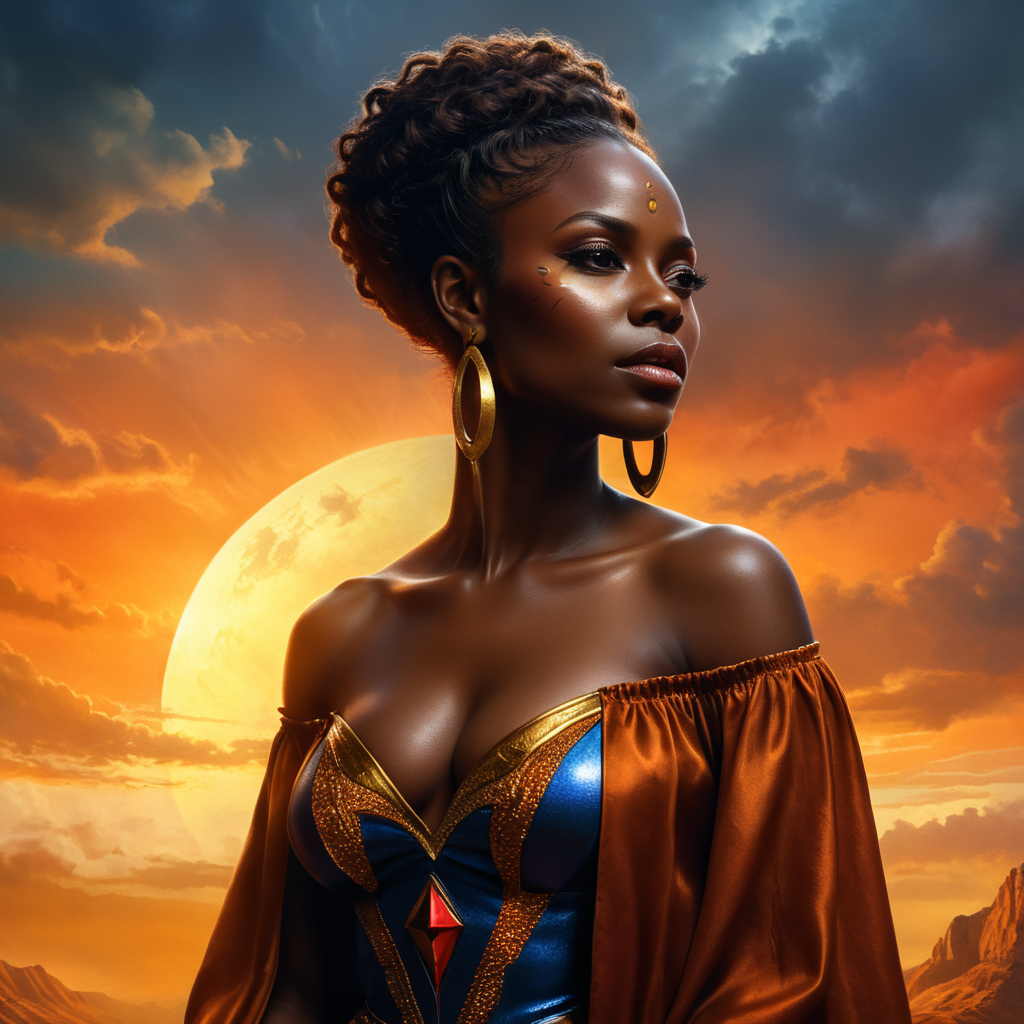 A stunning portrait of a proud black woman, vibrant black skin tone, shiny chocolate skin, ultra-realistic photography