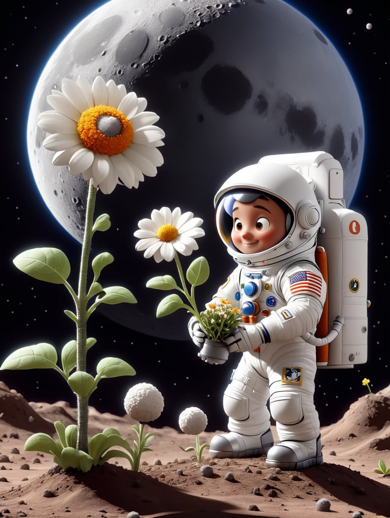 An astronaut planting a flower on the moon