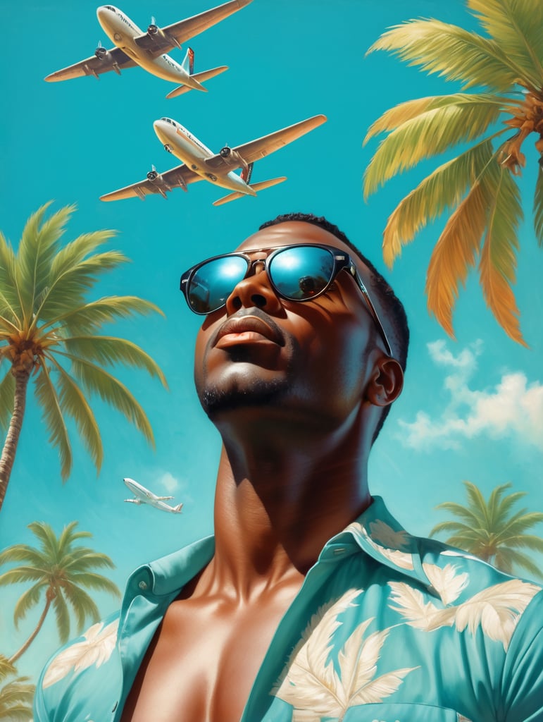 Pin up art, portrait, a black man raised his head up, looks at the sky, sunglasses, one airplane flies in a clear sky and leaves a mark, summer, palms around, palms reflected on a sunglasses, turquoise shades, style by Gil Elvgren