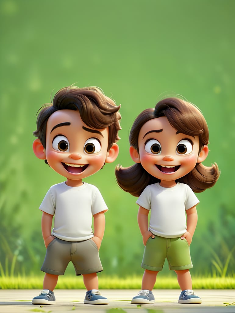 a Little boy and girl wearing white t-shirts, standing in front of green background, blank shirts no print, 3 years old smiling toddlers, photo for apparel mock-up