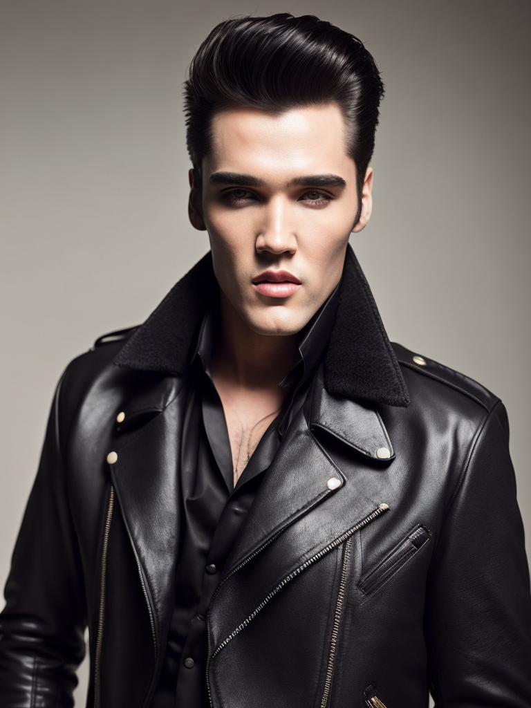 Portrait of Elvis Presley wearing a black leather jacket, studio photo, professional photo, Bright and rich colors, Detailed image, detailed face