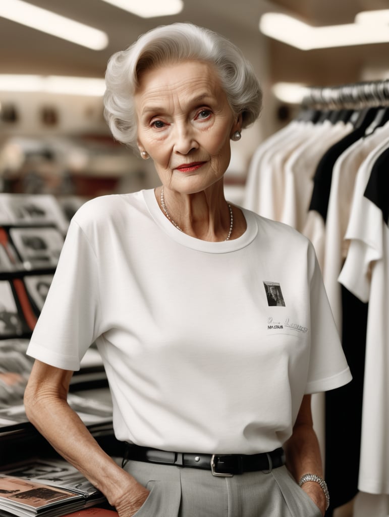 Extremely detailed photographic image, grained image, beautifully composed, monochrome image, 50's fashionable image, fashionable magazine photography, leica summicron 35mm f2.0, kodak 400tx, fashion photography, fashionable model, william s. burroughs, old woman wearing blank white T-Shirt in Clothing Store Mockup, mock up