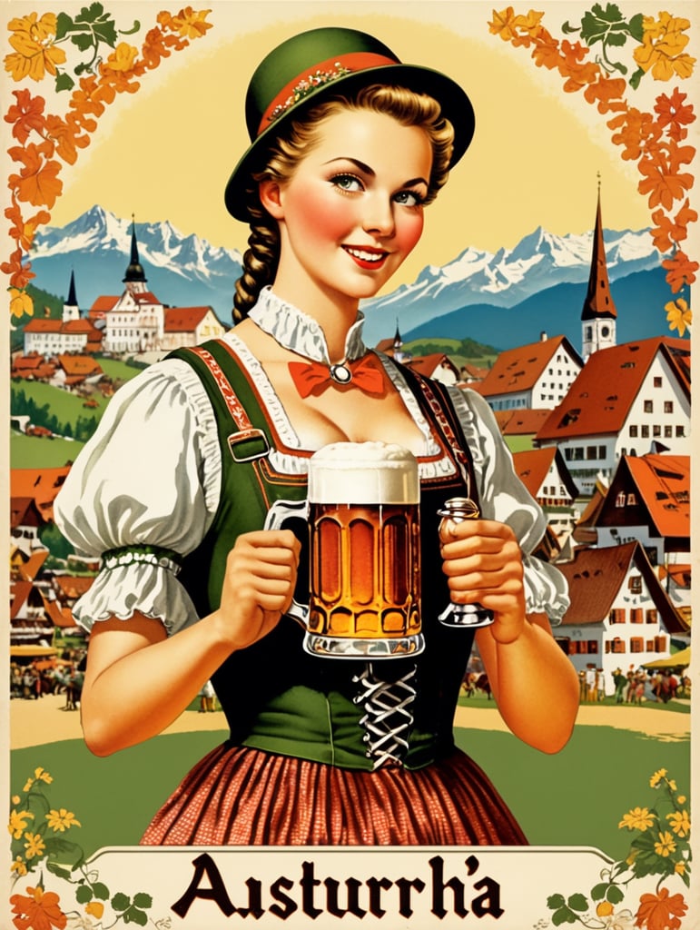Austria, vintage Octoberfest postcard illustration