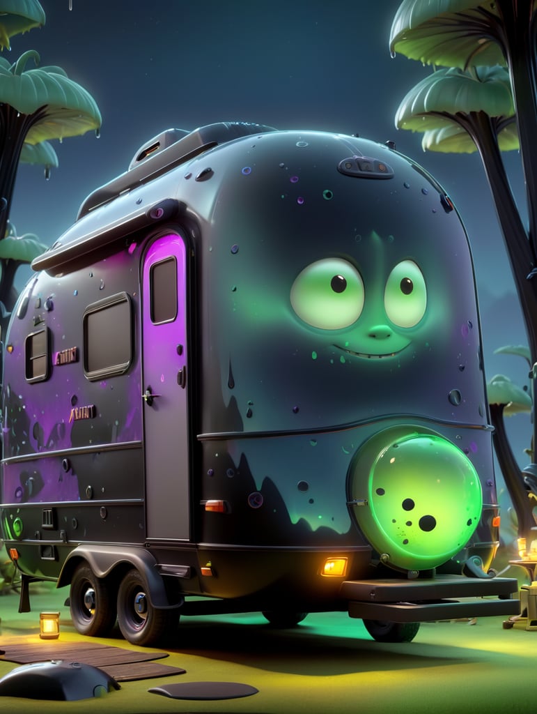 Alien camping trailer made of black alien liquid, translucent with neon lights, liquid dripping from the trailer, dark atmosphere