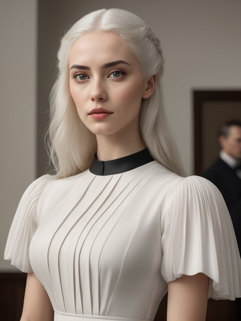 a woman 5 feet 7 inches, thin woman, with very white skin, white eyebrows, white hair, reddish eyes, wearing a black Armani dress Long dress in pleated jersey in a room from the 1500s where everything is white, her serious gaze towards the camera, the photo was developed with a hasselblad camera {next generation of female} ISO 3000, Photo realistic, 32K, {IN THE STYLE OF MINIMALIST SURREALISM}