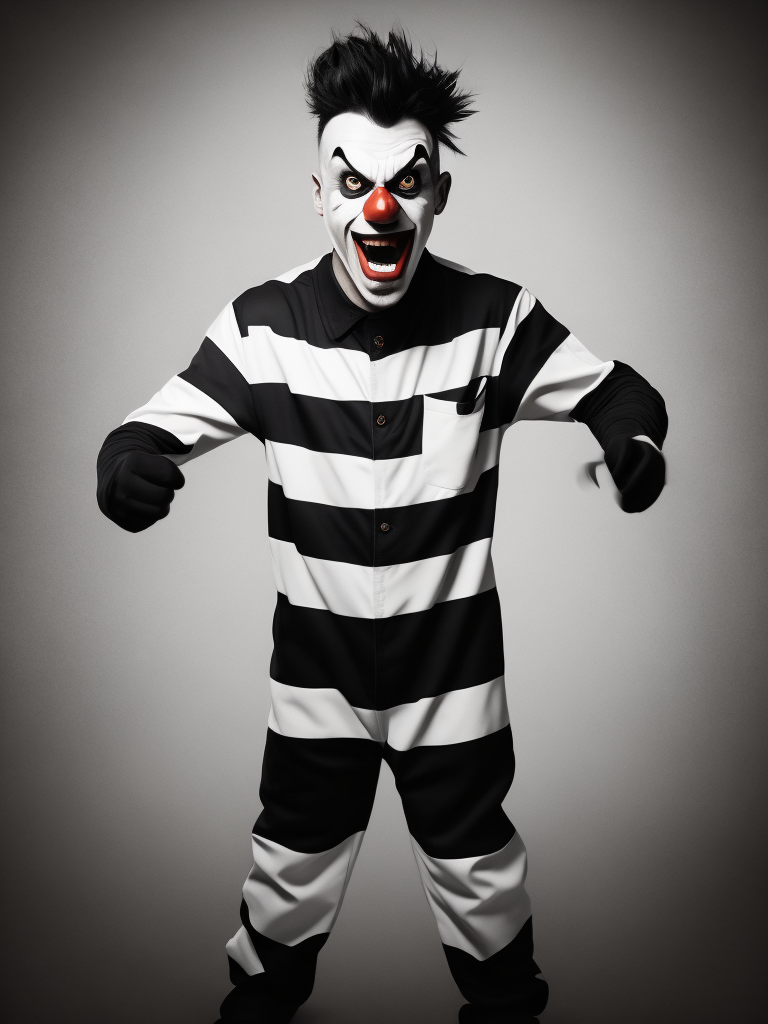 angry clown in a black and white stripes prison jumpsuit uniform