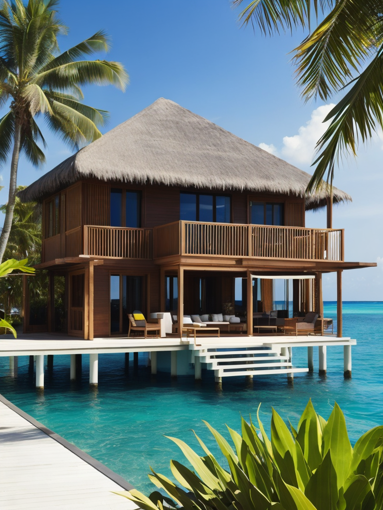 Over water villa in the maledives with the sun shining and some palms, Vibrant and rich colors, blue skies and azure oceans, photorealistic, contrast light, deep colors, Incredibly high detailed