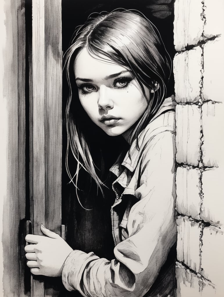 Ink pen sketch of a girl locked in a basement.