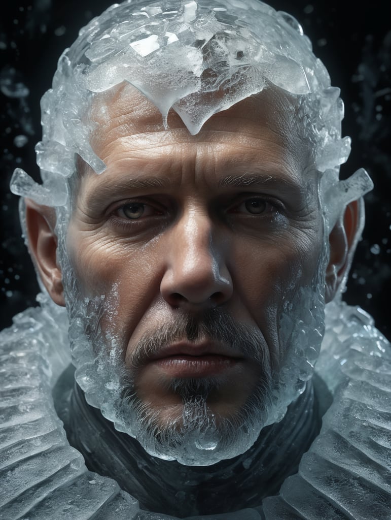 Portrait of a Translucent man made from the ice, organs are visible through the ice