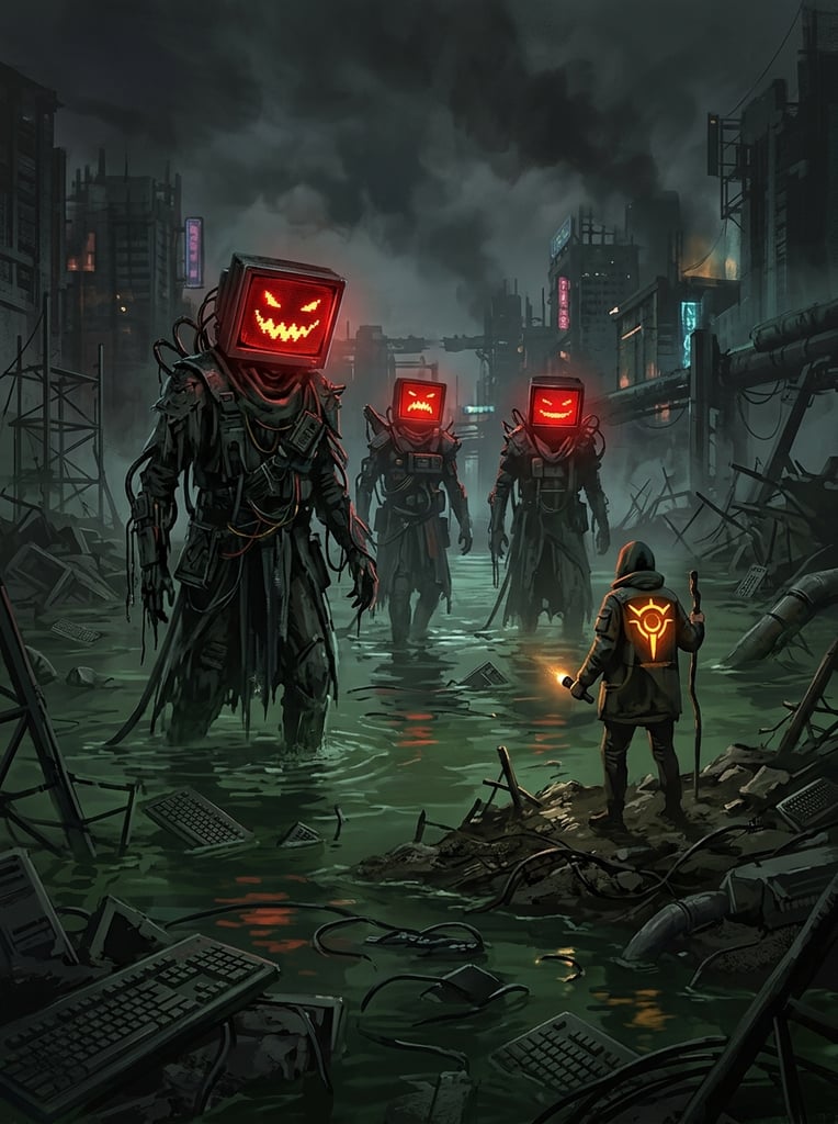 figures with glowing red monitor heads displaying jagged mouths, dangling cables, murky green flooded terrain, lone figure facing them with glowing orange jacket emblem, scattered keyboards, dystopian digital painting