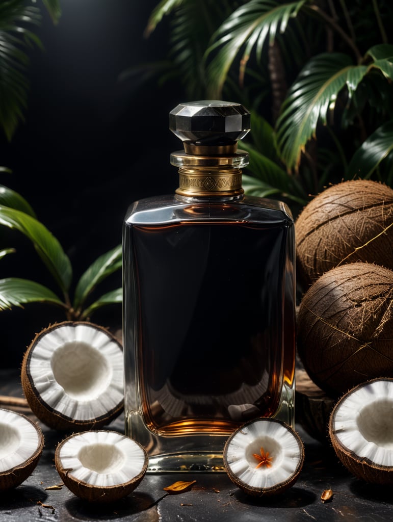 professional photography of a luxury perfume, square bottle, surrounding a coconut, no label, clear, mockup